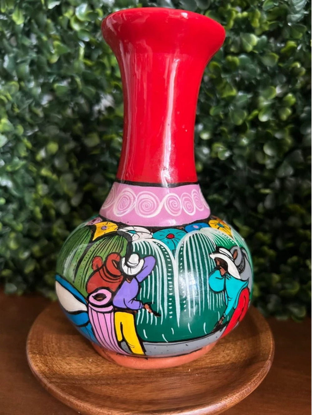 Vintage Mexican Terracotta Vase Hand Painted Folk Art Pottery